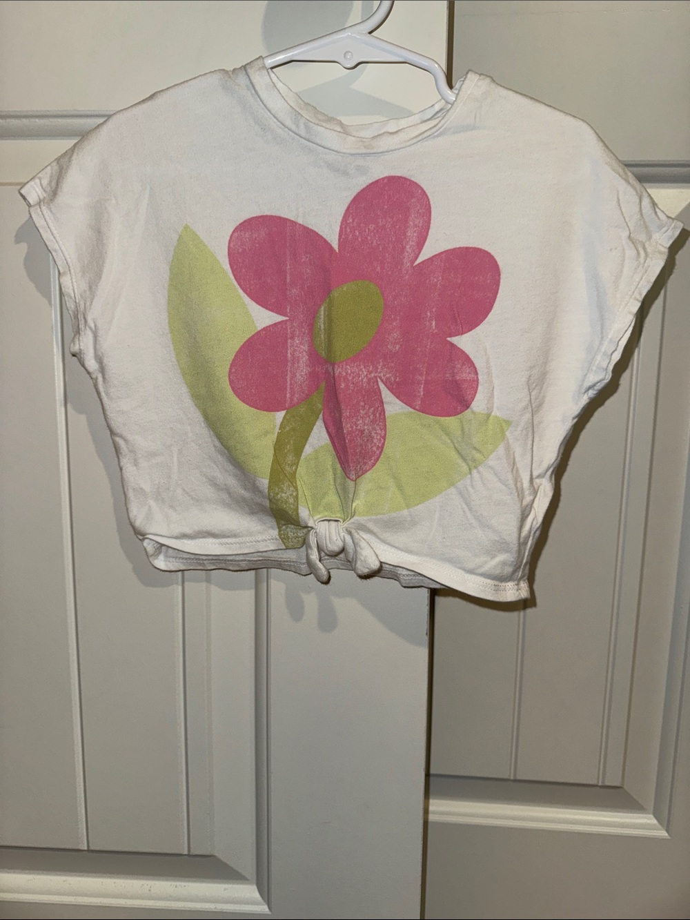 Old Navy White Crop Tee with Pink Flower and Green Leaves Graphic
